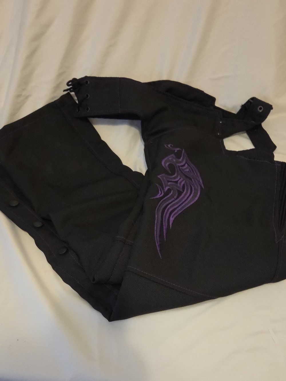 Black Women's Chaps with Purple Embroidered Wing Detail